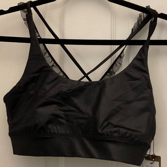 NWT Alala Women's Crossback Sports Bra‎ With Sheer Ruffle Straps - Black Size S - Picture 1 of 5